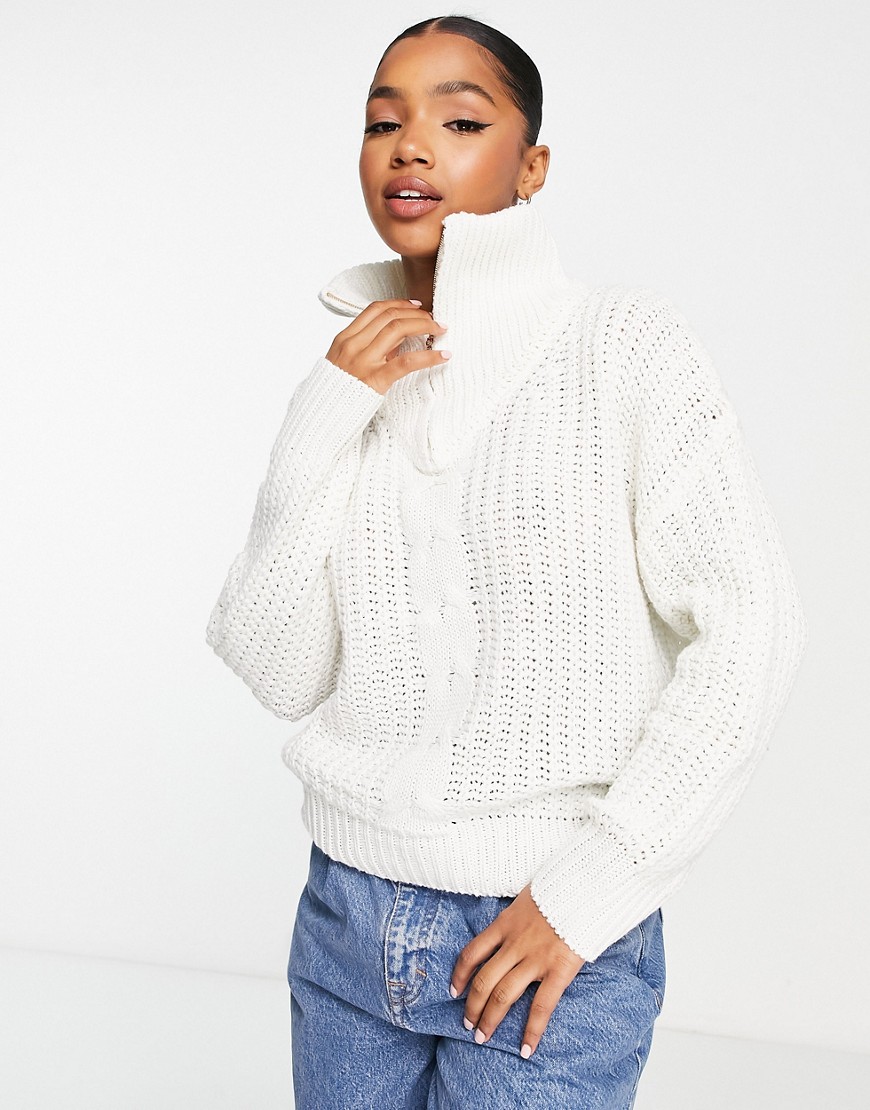 QED London quarter zip cable knit sweater in ivory-White