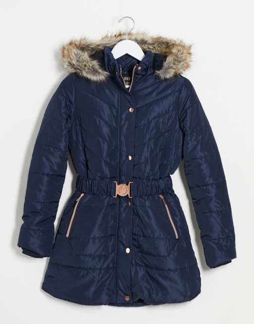 Navy belted puffer store coat