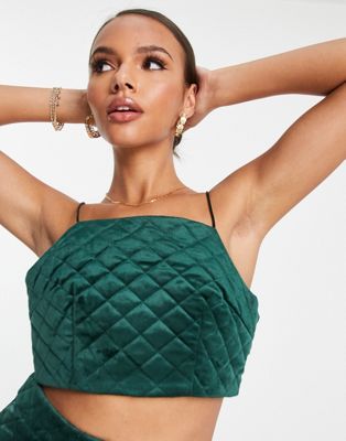 QED London quilted velvet cami strap crop top co-ord in teal