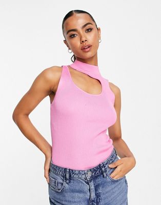 QED London ribbed cut out knitted vest in pink