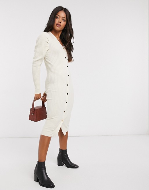QED London ribbed puff shoulder midi dress in stone