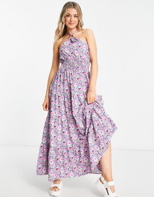 QED London ring halter neck tiered maxi dress in pink floral