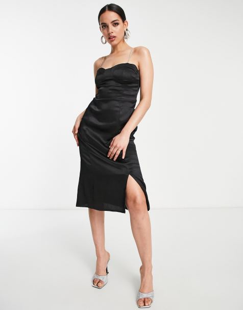 QED London - Robe mi-longue en satin avec bretelles à strass - Noir - view 1