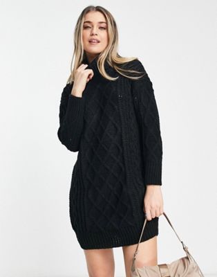 QED London roll neck cable knit jumper dress in black