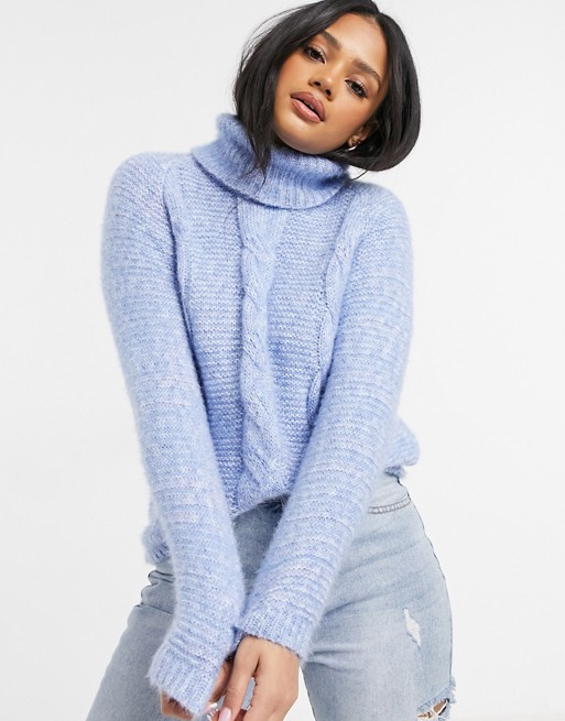 QED London roll neck cable knit jumper in blue