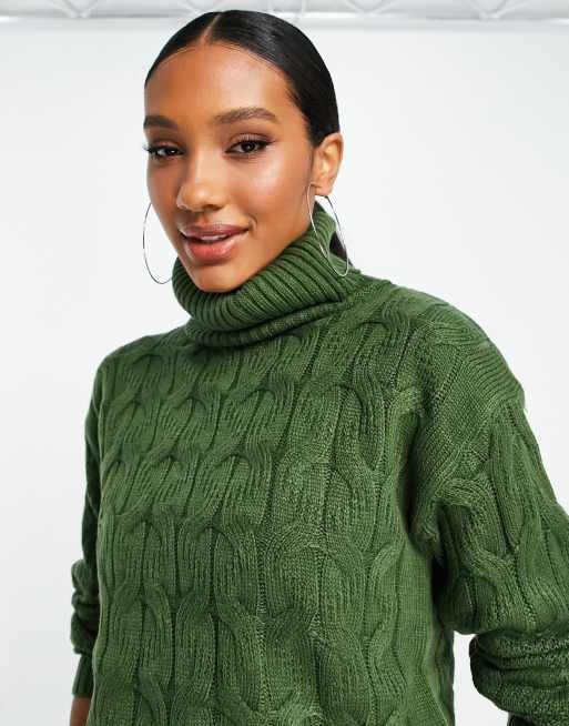 QED London roll neck cable knit jumper in olive green ASOS