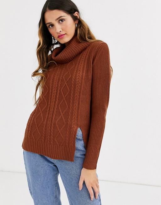 QED London roll neck cable knit jumper in tobacco