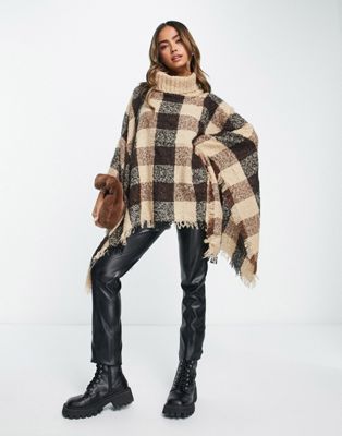QED London roll neck fringe trim poncho in check