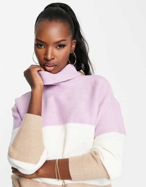 QED London roll neck jumper in colour block stripe ASOS