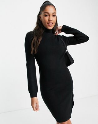 QED London roll neck knitted mini dress with side split in black