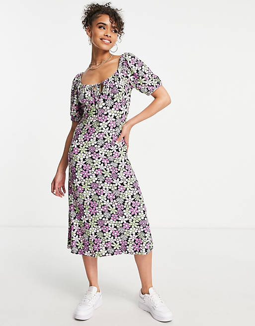 QED London ruched front midi dress in floral print