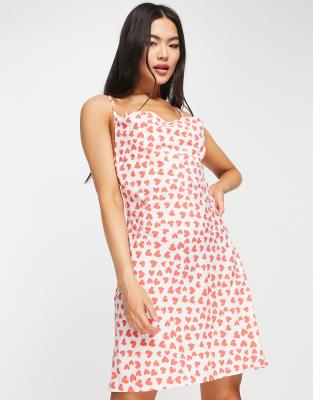 QED London QED London satin cowl front mini dress with cross strap back in heart print-Multi