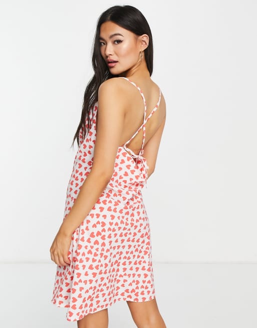 QED London satin cowl front mini dress with cross strap back in heart print, 2 of 4