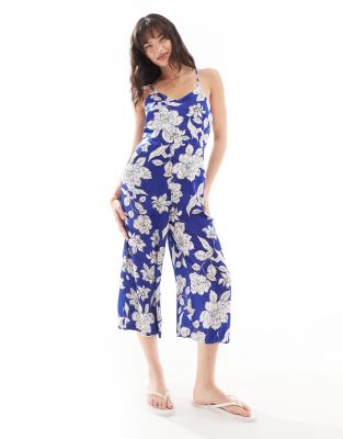 Qed London Satin Halterneck Jumpsuit In Floral Blue-multi