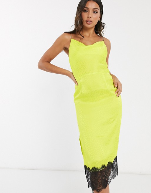 QED London satin jacquard cowl neck midi dress with lace hem in lime
