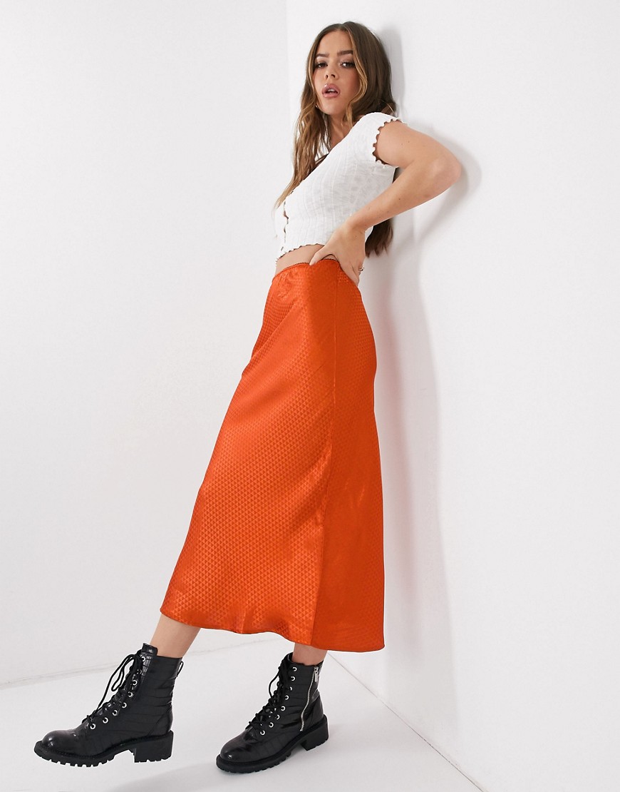 QED London satin jacquard midi skirt in rust-Orange