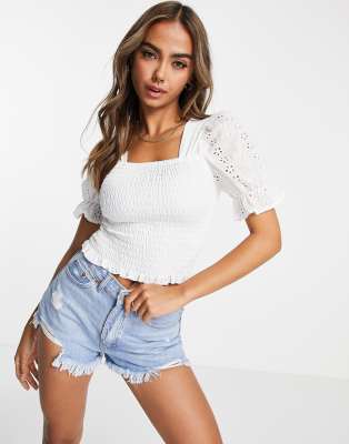 QED London QED London shirred body crop top with broderie sleeves in white