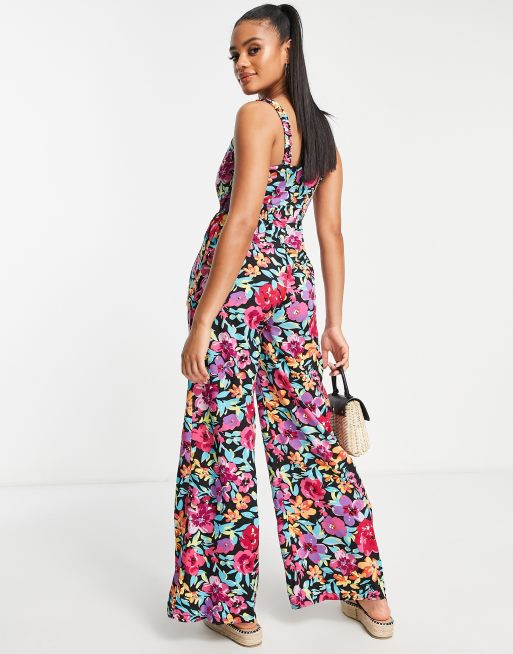QED London shirred strap wide leg jumpsuit in floral print, 2 of 4