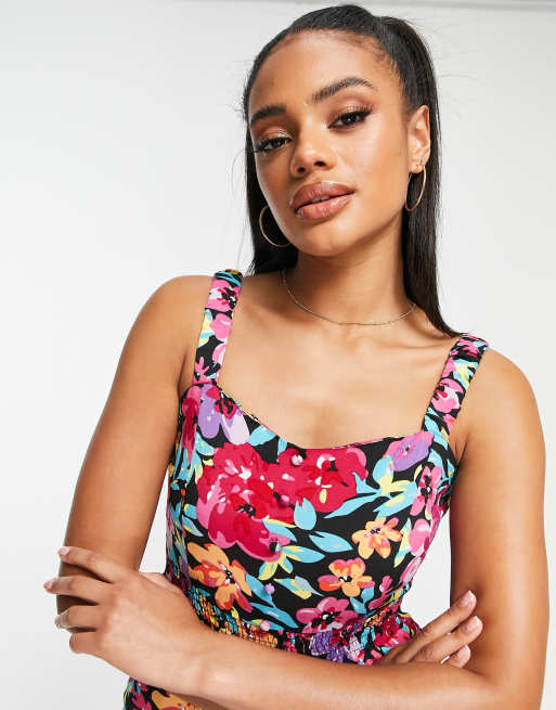 QED London shirred strap wide leg jumpsuit in floral print, 3 of 4