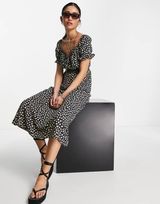 QED London shirred waist midi tea dress in floral print