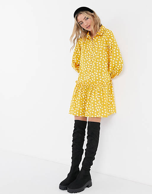 QED London shirt dress with tiered hem in mustard polka dot