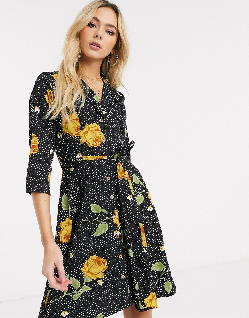 QED London – Skjortklänning med prickigt och blommigt mönster-Svart