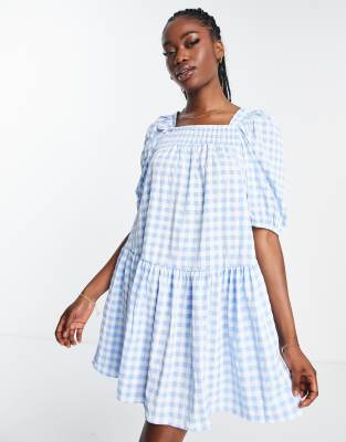 QED London QED London smock dress in blue gingham-White