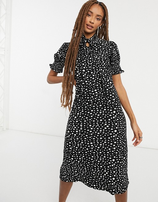 QED London soft touch midi dress with tie neck in polka dot