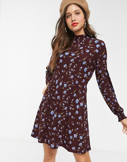 QED London soft touch shirred waist high neck mini dress in burgundy floral