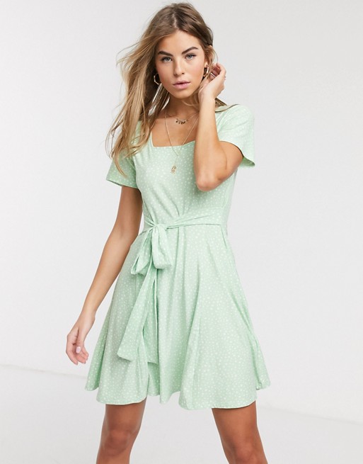QED London soft touch square neck mini dress with tie back in mint polka dot