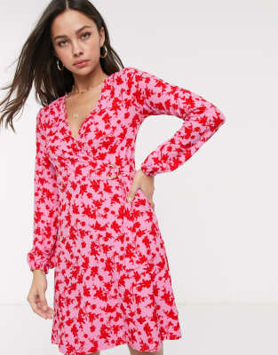 red and pink wrap dress