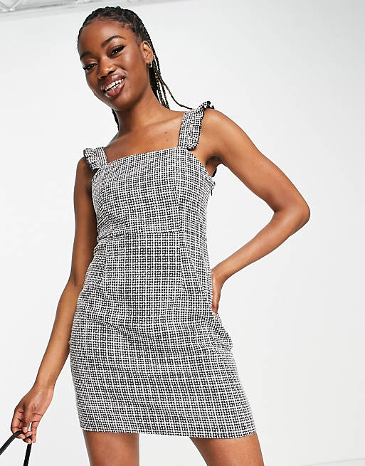 QED London square-neck boucle mini dress with frill sleeves