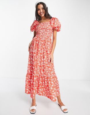 QED London square neck maxi dress in red floral print