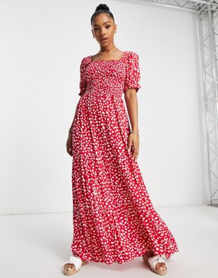 QED London square neck maxi dress in red splodge print