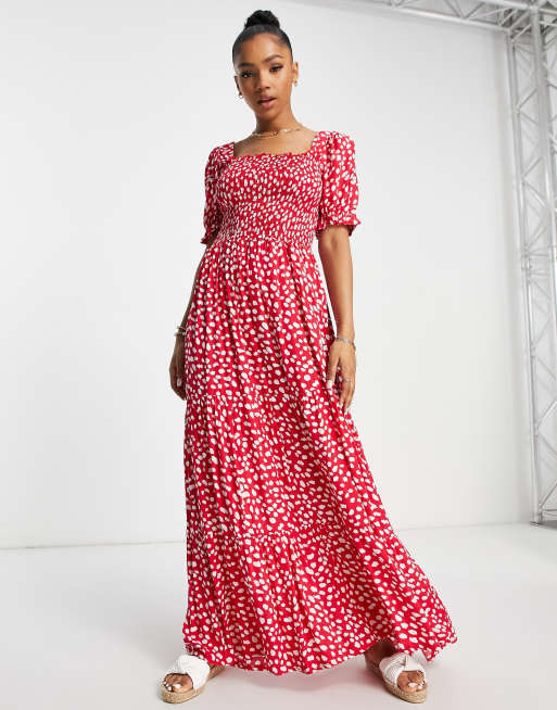 QED London square neck maxi dress in red splodge print