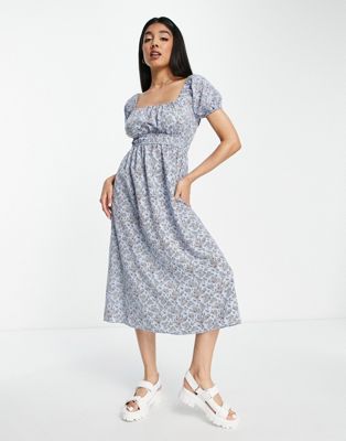 QED London square neck midi dress in blue floral