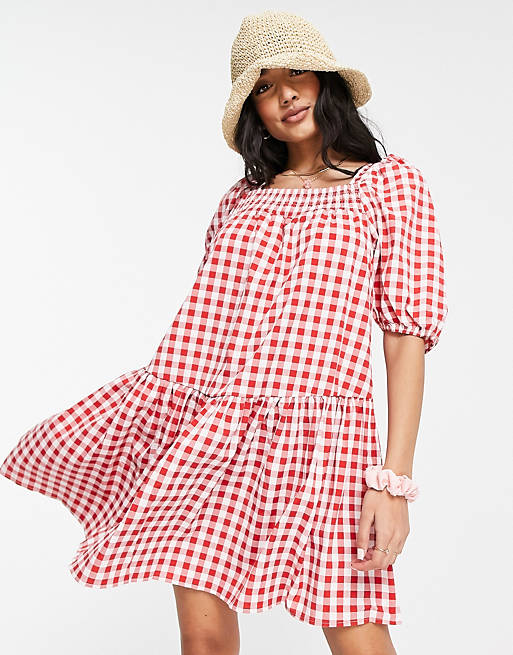 QED London square neck mini smock dress in red gingham