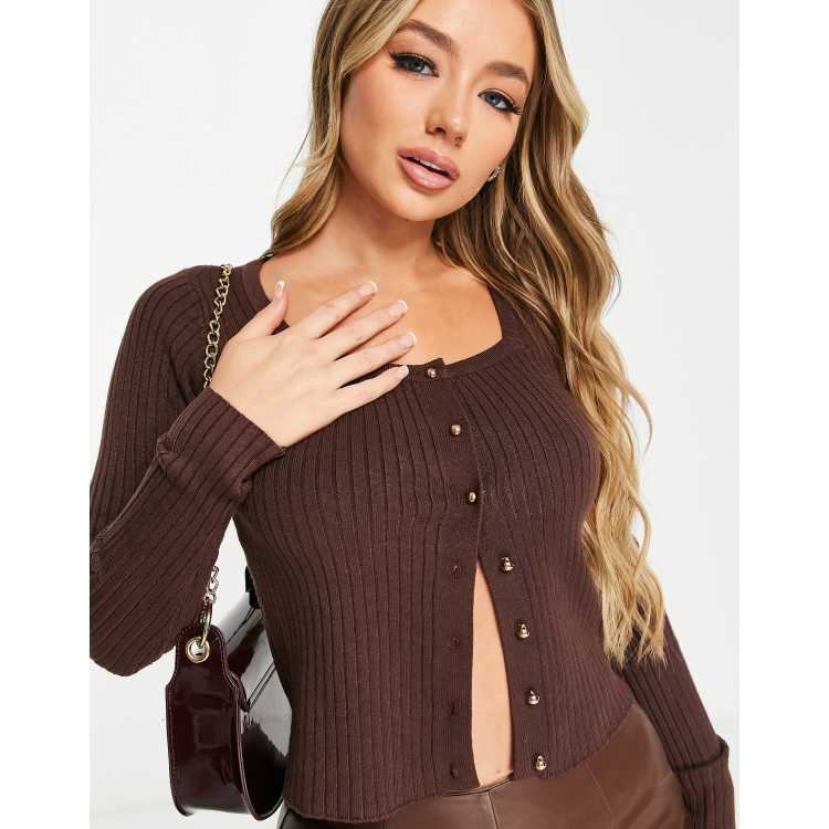 QED London square neck ribbed cardigan in chocolate brown