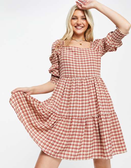 QED London square neck tiered midi smock dress in tan gingham