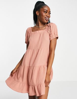 QED London square neck tiered smock mini dress in teracotta