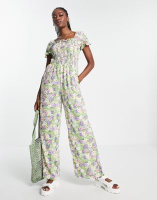 QED London square neck wide leg jumpsuit in green floral
