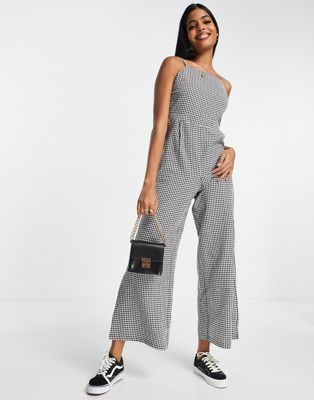 QED London strappy back wide leg jumpsuit in gingham print-Black