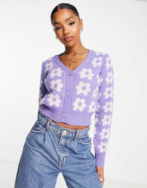 QED London – Strickjacke in Lila mit Blumenmuster