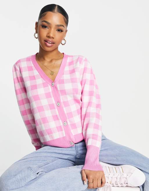 QED London – Strickjacke mit Vichy-Karomuster in Rosa