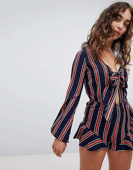 QED London Stripe Playsuit With Bow And Frill Hem | ASOS