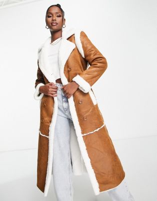 QED London suedette belted longline coat with borg trims in brown