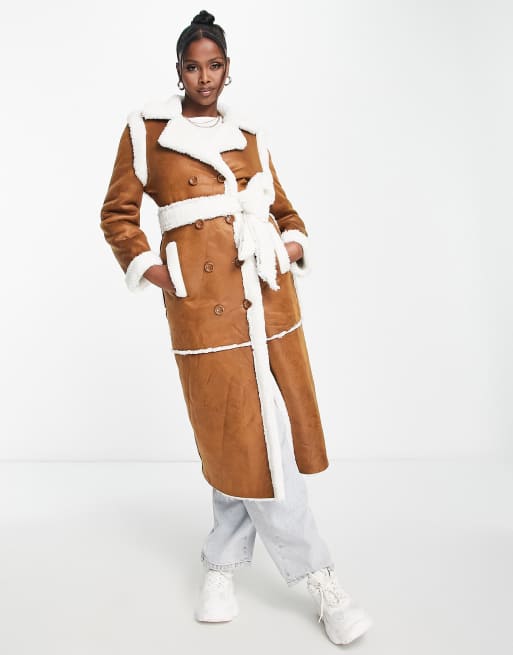 QED London suedette belted longline coat with borg trims in brown, 3 of 4