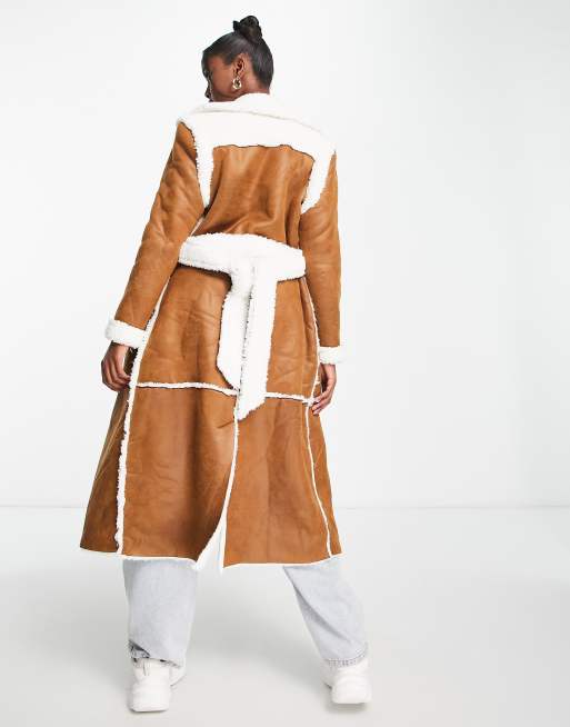 QED London suedette belted longline coat with borg trims in brown, 4 of 4