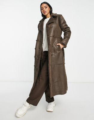 QED London suedette belted longline coat with borg trims in chocolate brown
