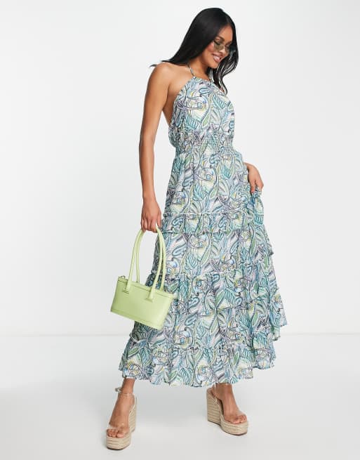 QED London – Sukienka midi z dekoltem halter we wzór paisley z falbanką